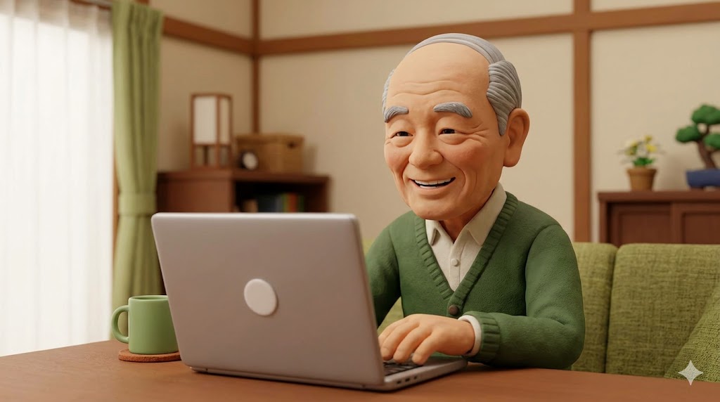 ノートパソコンを使って趣味のオンライン教室を笑顔で楽しむ60代