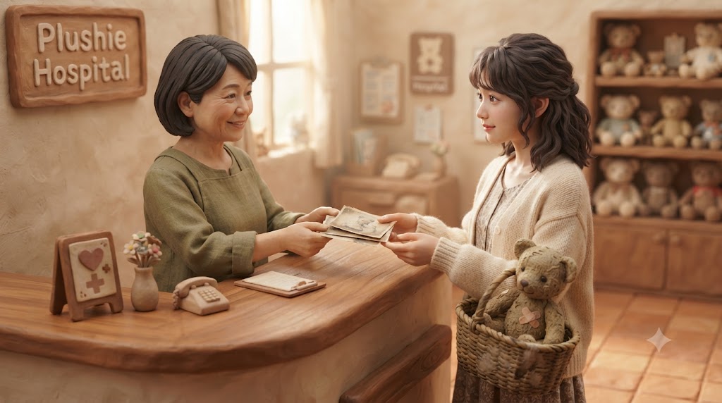 ぬいぐるみの病院の受付で、女性が昔の写真とぬいぐるみをスタッフに渡している