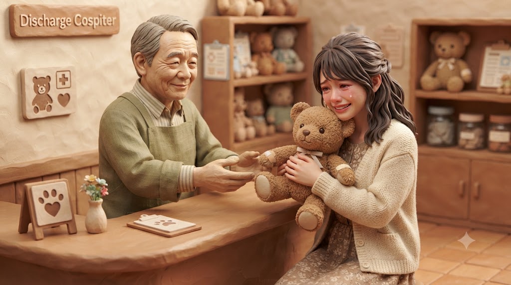 ぬいぐるみの病院の退院時に、女性が清潔になったテディベアを抱きしめている