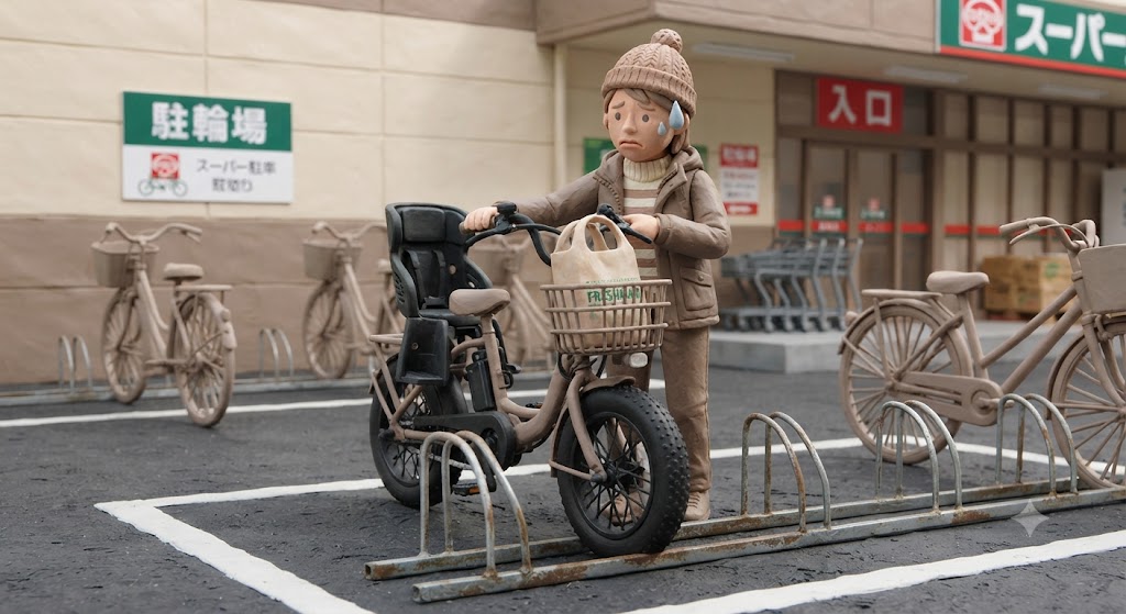 スーパーの駐輪場で、電動アシスト自転車の太いタイヤが古くて狭い金属ラックに入らず、困り果てて見つめる