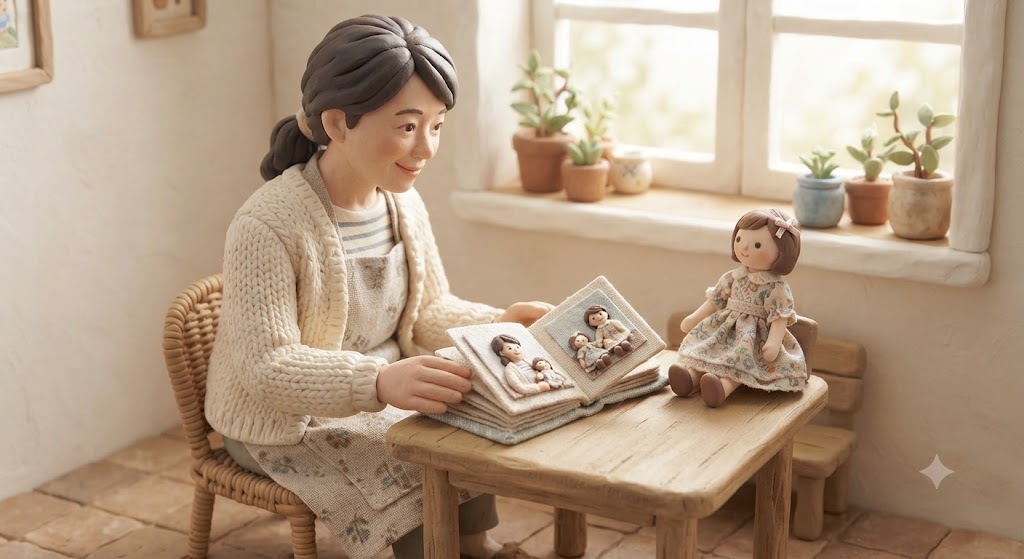 ドールとの思い出が詰まったフォトブックを眺める