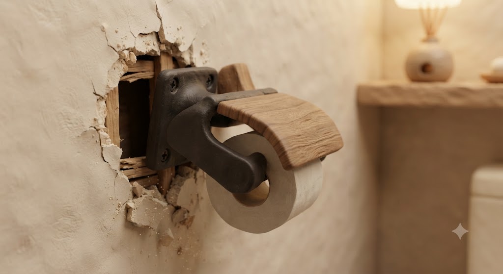 下地のない石膏ボードの壁に、重いアイアン製2連トイレットペーパーホルダーが取り付けられ、傾いて壁が破損している