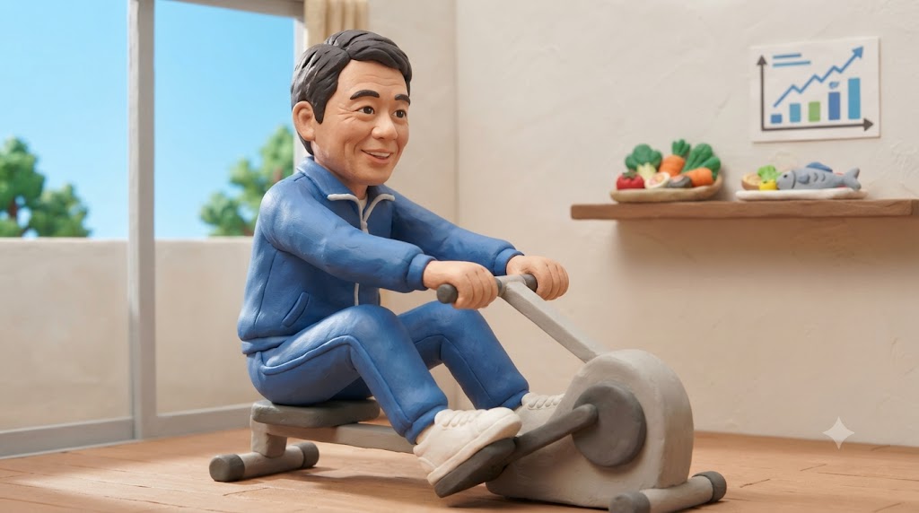 中高年の男性が、健康維持のために自宅で軽度な運動を楽しく行っている