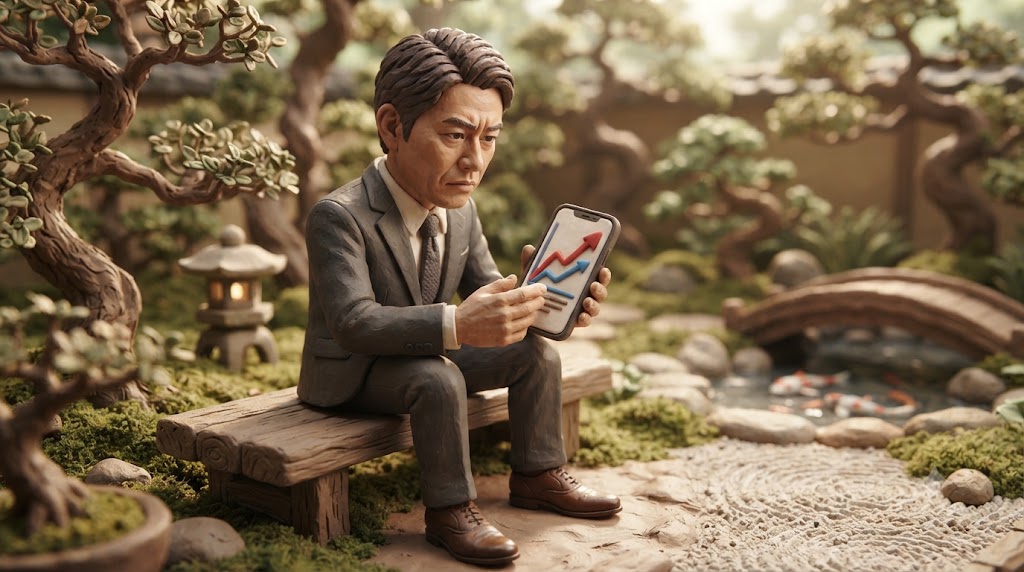 伝統的な日本庭園の中で、都市部と地方の賃金格差を示すグラフをスマートフォンで確認する