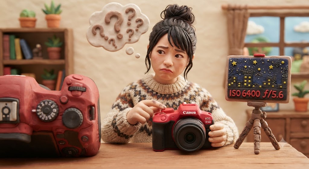 女性がEOS R50の単一ダイヤル操作に戸惑っている