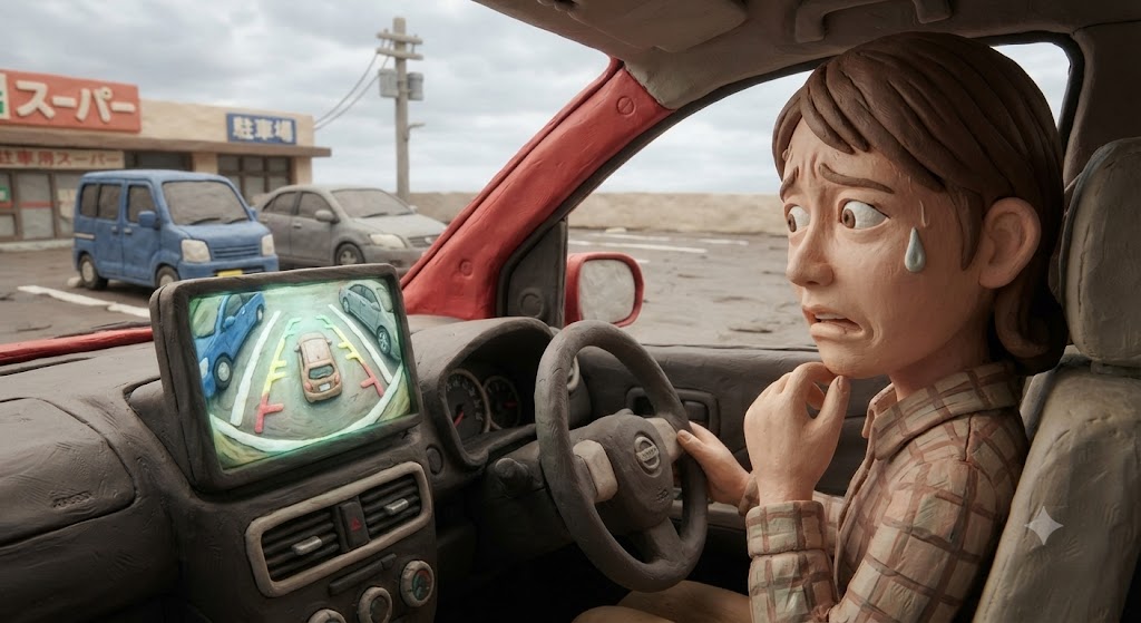 女性がカーナビ画面の魚眼映像の歪みに戸惑いながら、バック駐車をしている