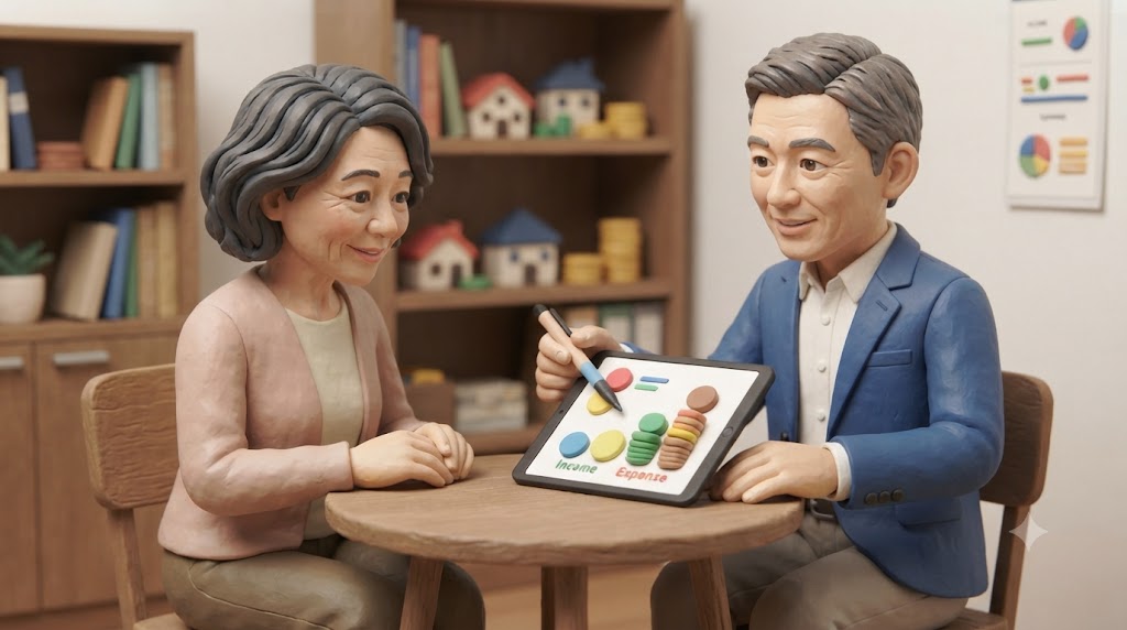 女性が、ファイナンシャルプランナーに老後の資金計画を相談し、安心している