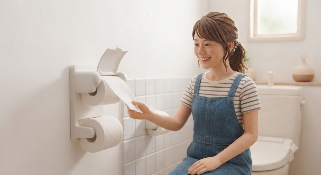 明るいトイレで、TOTO製の白い樹脂製2連トイレットペーパーホルダーを使い、片手でスムーズにペーパーを引き出してカットし、満足