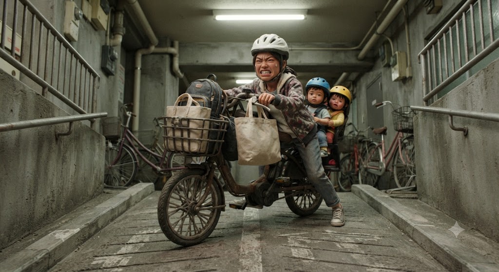 狭い駐輪場のスロープで、幼児2人と大量の荷物を乗せた電動アシスト自転車の重さに耐え、必死に押し歩きをする
