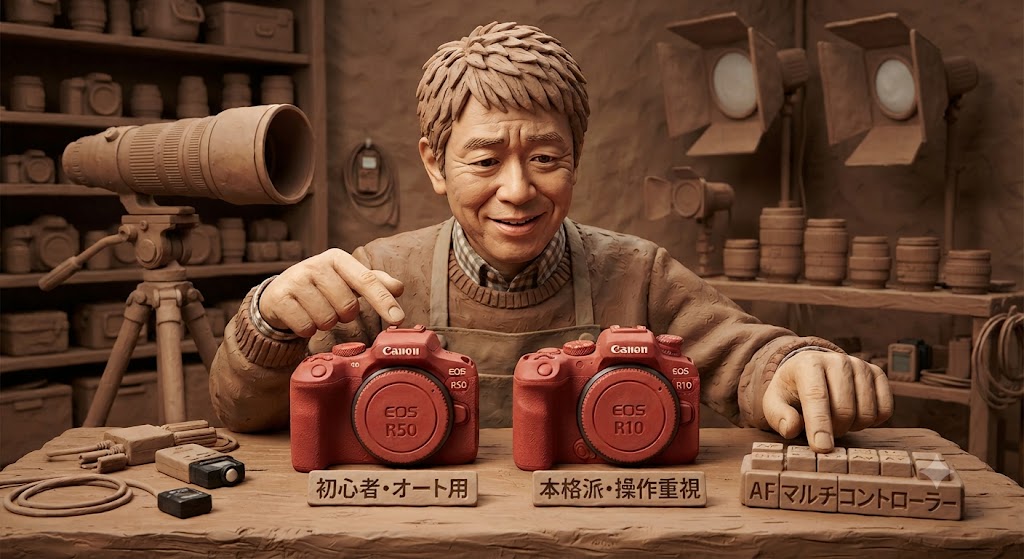男性が、EOS R50とEOS R10のダイヤル操作の違いを比較している