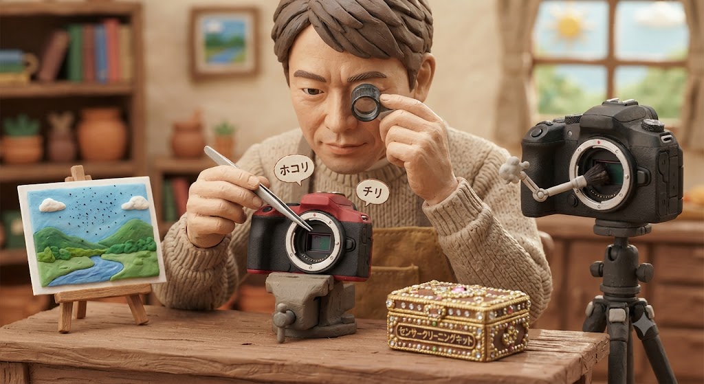 男性がEOS R50のイメージセンサーから手作業でゴミを除去している