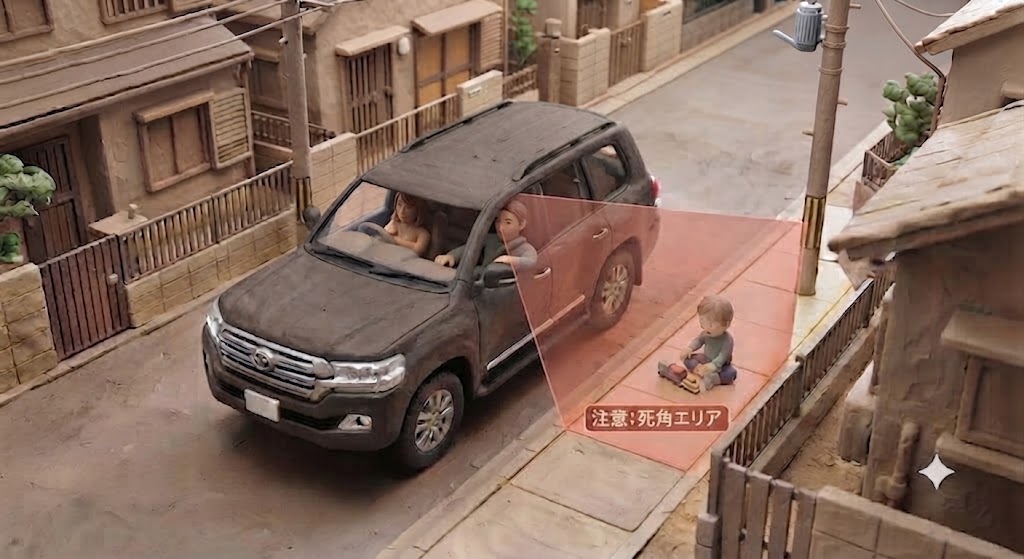 運転席から見えない助手席側の死角に、しゃがみ込んで遊ぶ