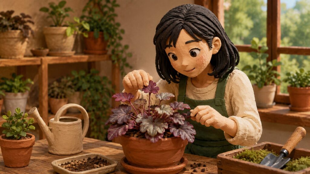 クレイアニメ風に表現された、鉢植えのヒューケラの手入れを行う