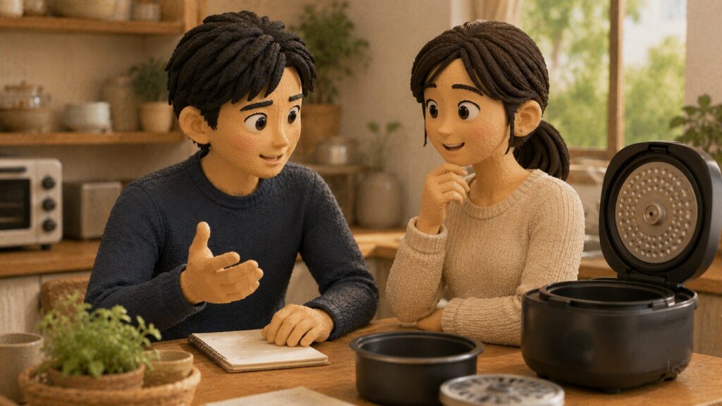 夫婦が食洗機や調理家電に囲まれながら穏やかに相談している