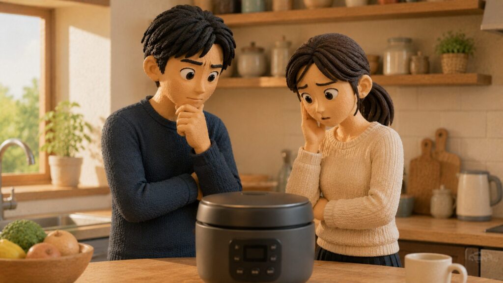 男女がキッチンの前で少し困った表情をしながら調理家電を見つめている