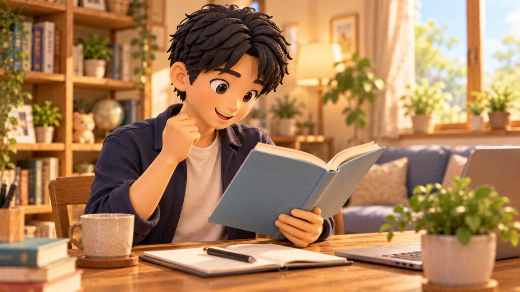 すっきりと片付いたデスクの上で恋愛のガイドブックを参考にしながら前向きに準備を進める