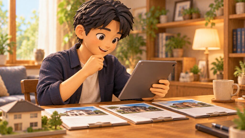 タブレットに表示された複数の査定結果を落ち着いた部屋のデスクで確認し、納得の表情を浮かべる