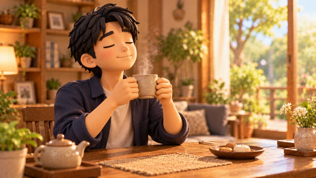 温かいお茶を手に深呼吸をして感情を落ち着かせ、理性を保とうとしている