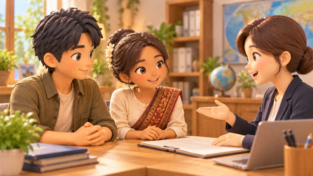 結婚相談所の温かいオフィスでアドバイザーを交えて安心した表情で相談している