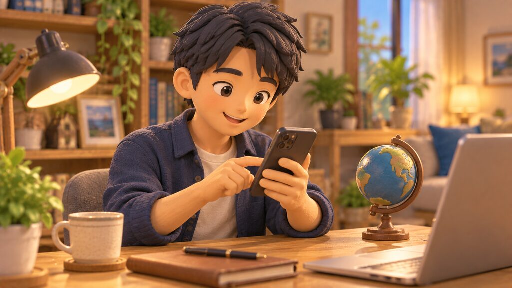 落ち着いた部屋のデスクでスマートフォンを使いながら計画的に手続きを進める
