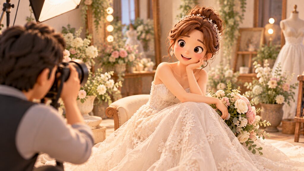 スタジオで落ち着いてウェディングドレスを着用し、後撮り撮影を楽しんでいる