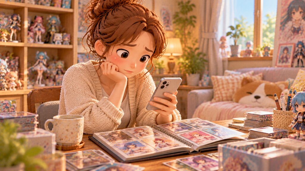 フリマアプリでのカード取引で失敗しないか少し心配そうに画面を見つめる