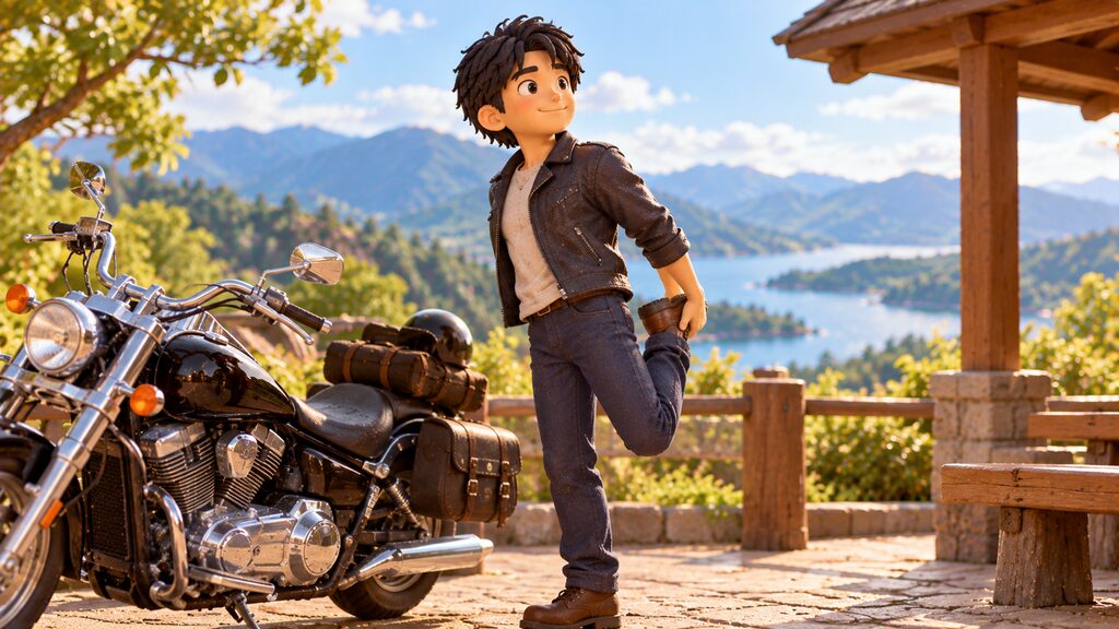 ロングツーリングの休憩中にバイクのそばで背筋を伸ばしてリフレッシュしている