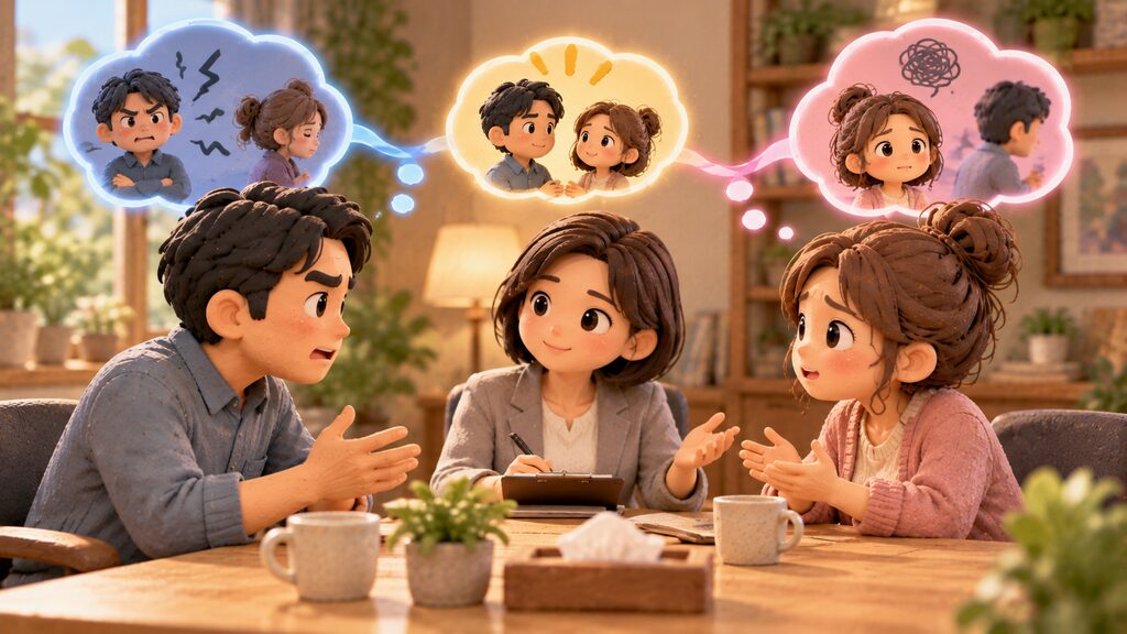 夫婦カウンセラーの助けを借りて、感情的にならずにお互いの気持ちを冷静に話し合い、関係修復を目指す