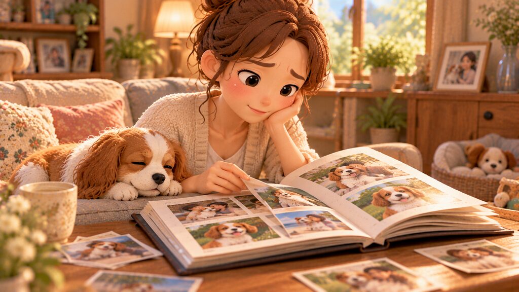愛犬との思い出が詰まったアルバムを優しく見つめながら、当時の心境を振り返る