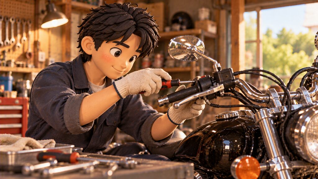 温かみのあるガレージで工具を使いながらクルーザーバイクのハンドル周りを丁寧に調整している