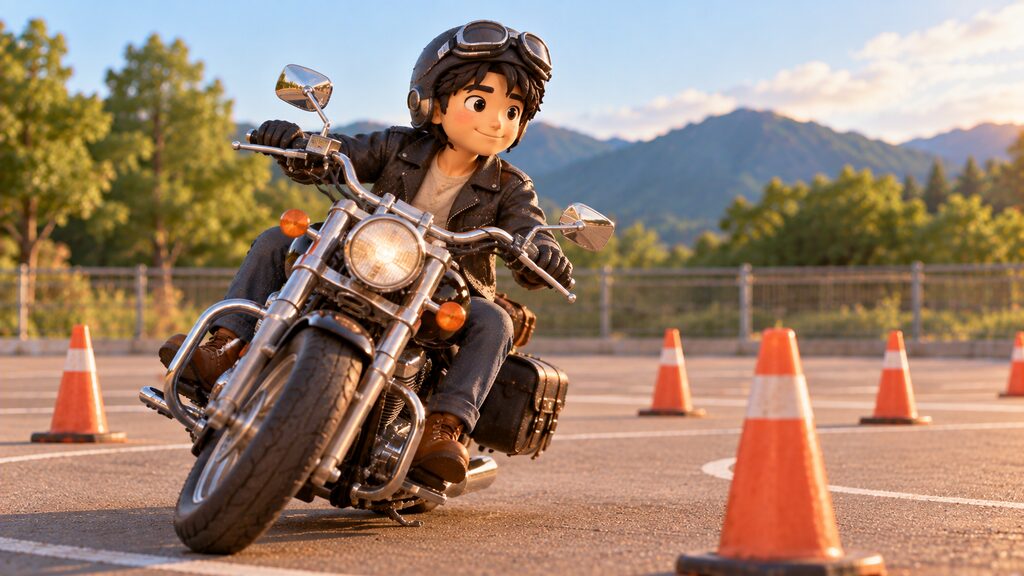 静かな開けた練習スペースでクルーザーバイクの低速旋回やバランス取りを丁寧に練習している